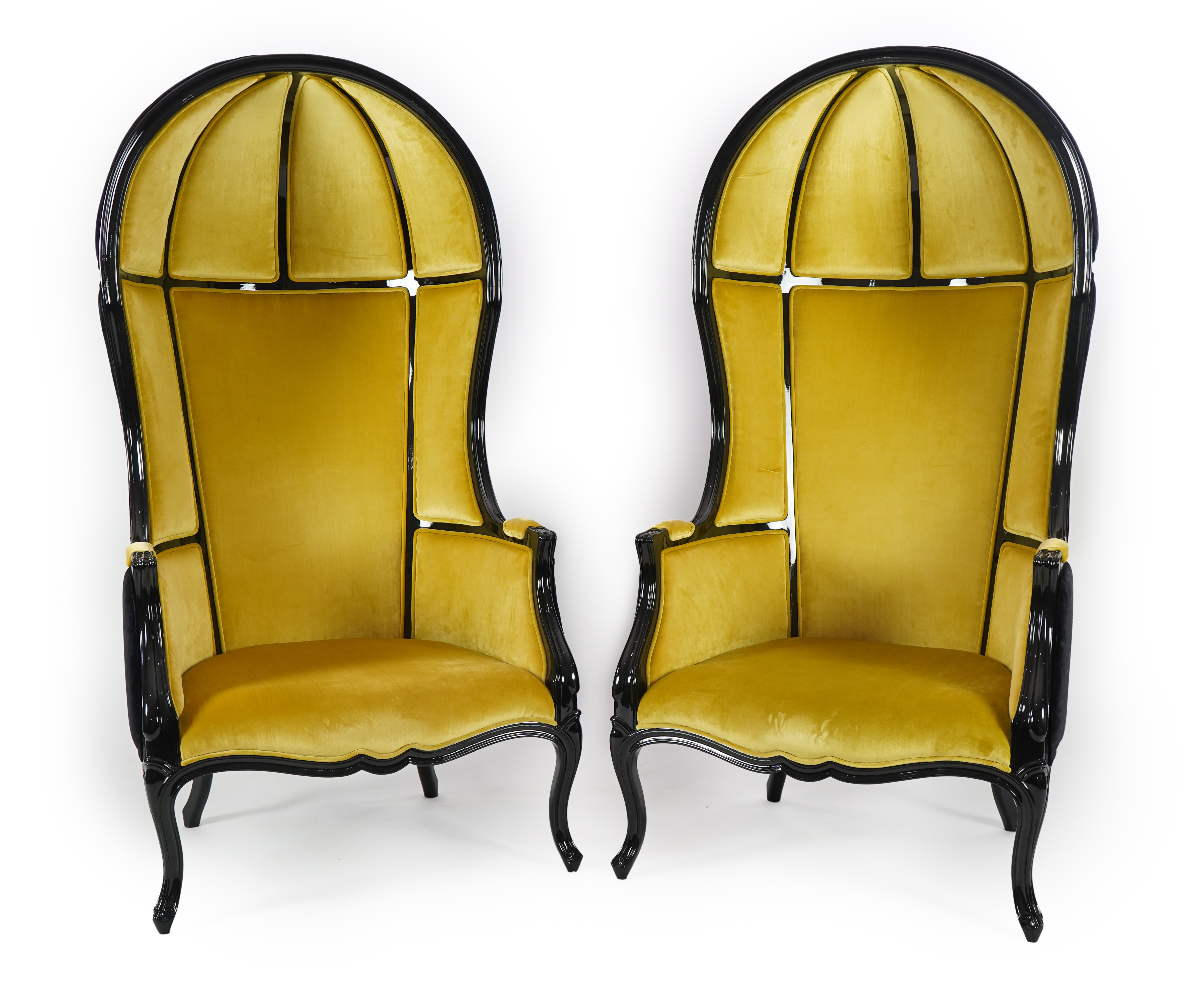 A pair of Namib ebonised and sand coloured satin cotton fabric lounger armchairs, by Brabbu, width 77cm, depth 75cm, height 160cm. Condition - good